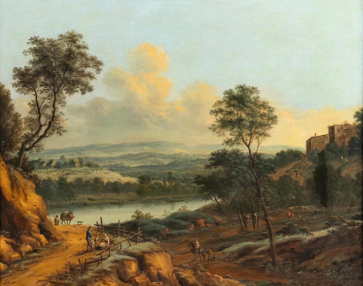Johann Christian Vollerdt - Paesaggio fluviale con viandanti e contadini